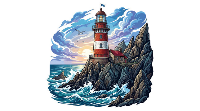 Red and white lighthouse on rocks.