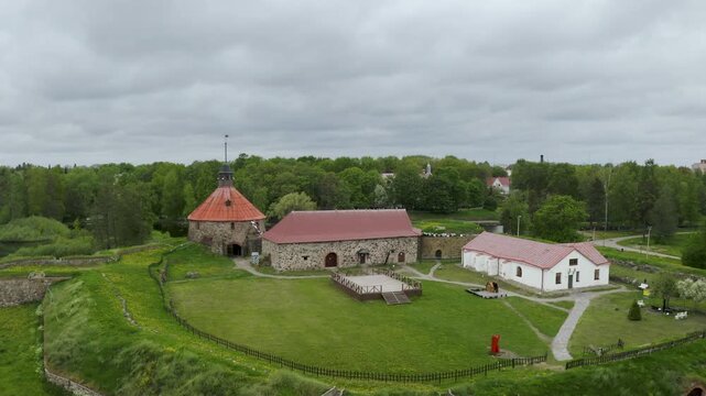 Drone footage of Korela fortress on cloudy summer day. Priozersk, Leningrad Oblast, Russia.
