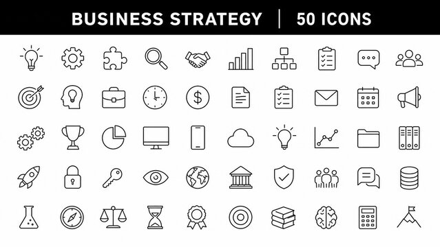 50 Business Strategy and Management Line Icon Set for Marketing and Corporate Planning