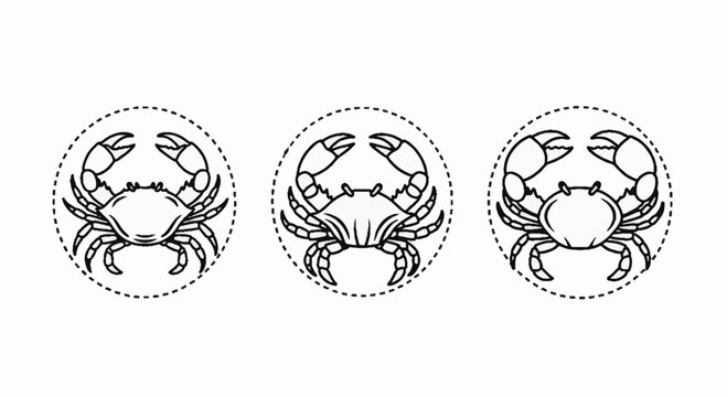 Set of three crab line icons within dashed circles