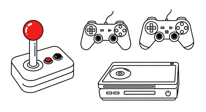 Retro gaming controllers and console illustration.