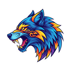 Fototapeta premium Fierce Blue and Yellow Wolf Head Illustration with Ornate Tribal Markings and Open Mouth Showing Teeth