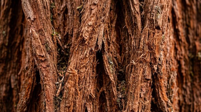 Stunning close-up of California redwood (sequoia) bark with rich reddish-brown fibrous texture. Great for editorial, botanical reference, interior design, and nature-themed visual projects.