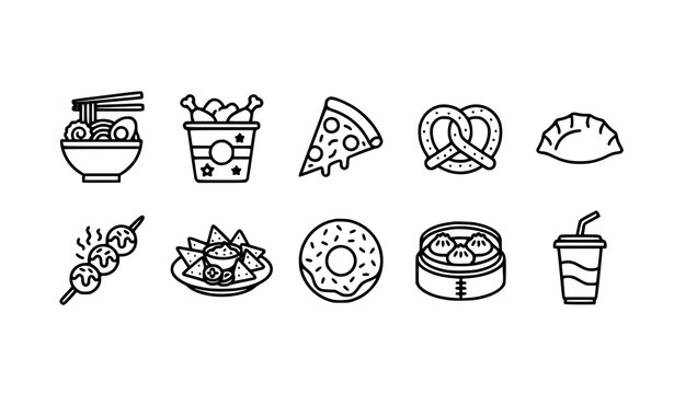 Modern street food outline icon set fast food and snack vector isolated on white background