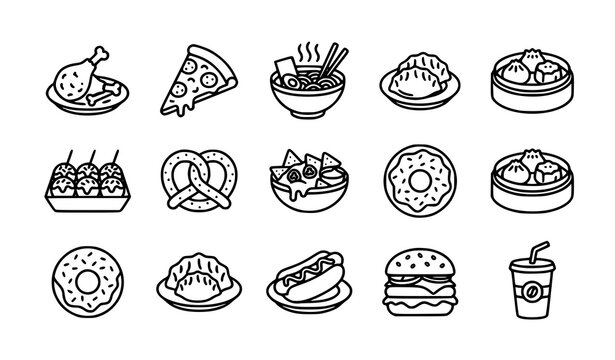 Street food outline icon set pizza ramen donut and snack vector isolated on white background