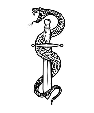 Aggressive snake coiled around a sharp dagger in black ink