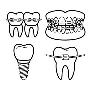Dental care tooth and braces line icon collection isolated minimal black outline dentist symbols for oral hygiene clinic treatment and orthodontic healthcare concept