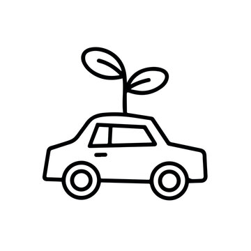 Eco friendly small car with leaf line icon isolated black outline green transportation symbol for electric vehicle sustainable energy and environmental travel concept