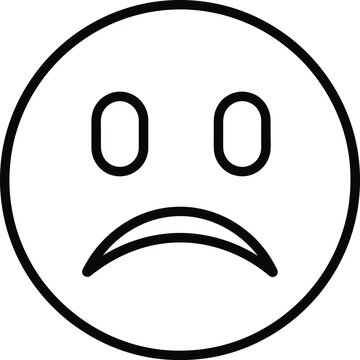 Sad face icon, frowning emoticon, black line drawing, simple vector emoticon, white background