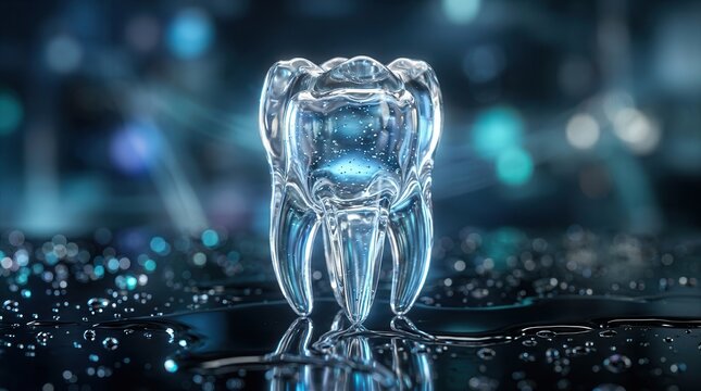 Dental prosthetic restoration concept featuring a translucent tooth model on a reflective surface.