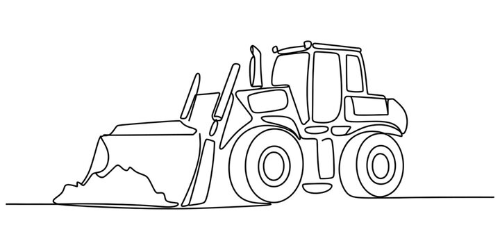 Front loader construction vehicle with shovel bucket moving dirt in black and white line art illustration