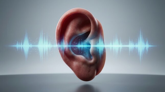 Medical illustration of a human ear with audio frequency waves for cochlear implant assessment.