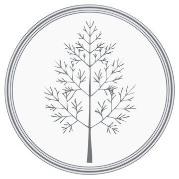 Stylized bare tree silhouette in a circular frame with layered borders minimalist design