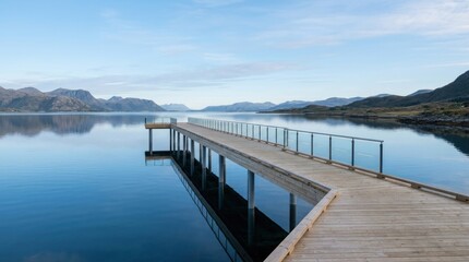 Fototapeta premium A long wooden pier extends into a calm, blue lake. The pier reflects in the water, creating a symmetrical image.