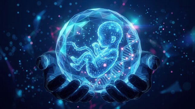 Concept of prenatal DNA analysis showing a glowing embryo in a protective sphere held in hands.
