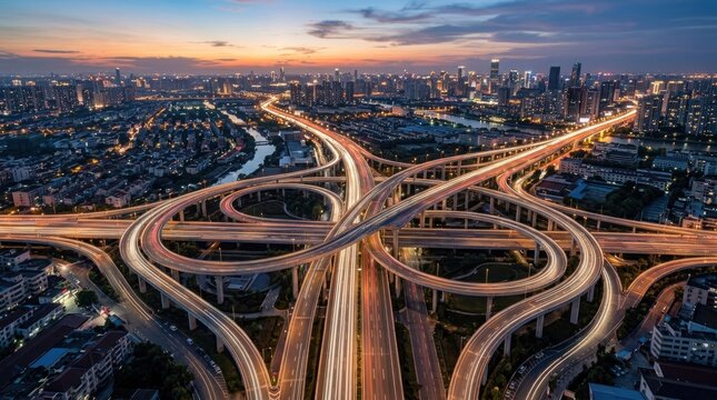A stunning aerial photograph captures a sprawling cityscape at dusk. A complex network of elevated highways intertwines, creating a mesmerizing web of roads.