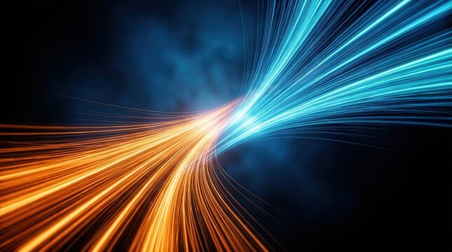 Dynamic orange and blue light rays showing transition and change management concepts.