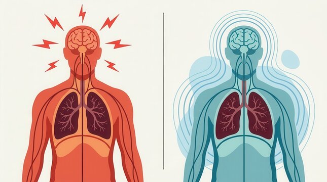 Vagus nerve activation concept showing the difference between fight or flight and rest and digest responses.