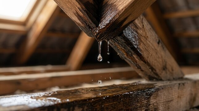 A leaky roof causing water to drip on wooden rafters, illustrating leak detection.