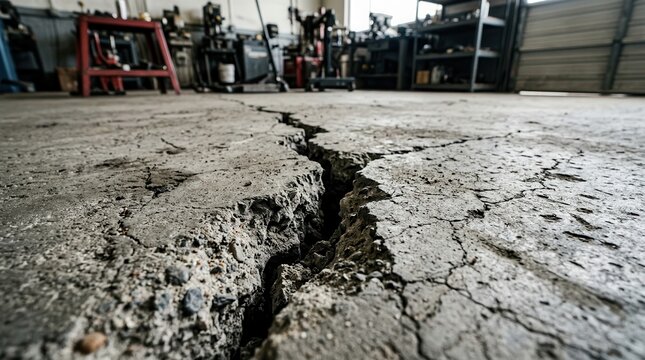 Detailed view of cracked concrete flooring with exposed aggregate and structural damage.