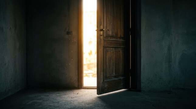 A dark, weathered wooden door stands slightly ajar, revealing a bright, sunlit space beyond. The doorframe is painted gray, and the walls are textured with a rough, aged plaster.