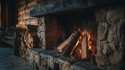 Fototapeta premium Cozy Cabin Interior with Stone Fireplace, Warm Fire, Smoke, Logs, Winter Retreat, Soft Lighting, Wood Paneling, Relaxing Atmosphere, Woodland Decor
