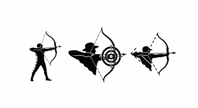 Archery silhouettes with bow arrow and target aim symbols