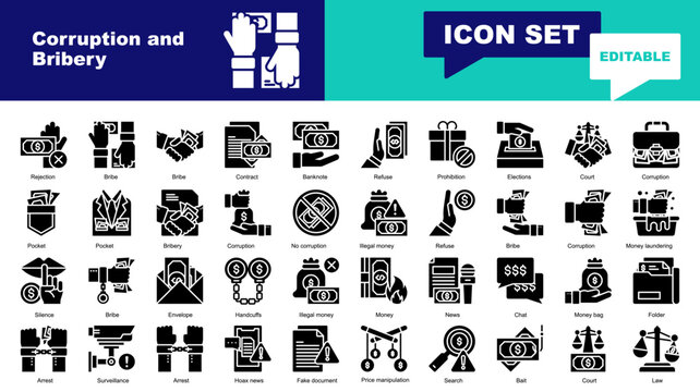 Corruption and Bribery icon set. Vector icons for Bribery, Corruption, Illegal money, Refuse, Bribe, Money laundering, Silence, Handcuffs