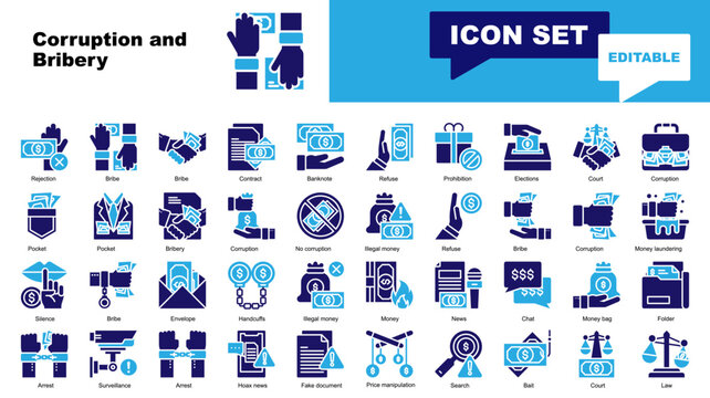Corruption and Bribery icon set. Vector icons for Bribery, Corruption, Illegal money, Refuse, Bribe, Money laundering, Silence, Handcuffs