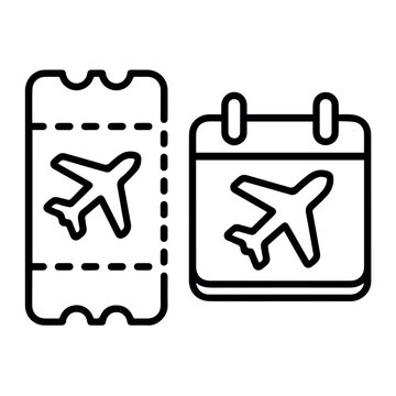 Airplane ticket and travel calendar line icon set isolated minimal black outline vacation booking transport journey and tourism planning symbols for trip schedule concept
