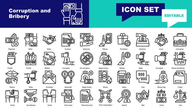 Corruption and Bribery icon set. Vector icons for Bribery, Corruption, Illegal money, Refuse, Bribe, Money laundering, Silence, Handcuffs