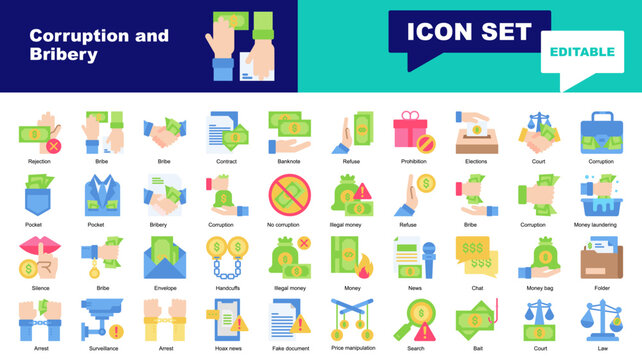 Corruption and Bribery icon set. Vector icons for Bribery, Corruption, Illegal money, Refuse, Bribe, Money laundering, Silence, Handcuffs