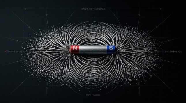 The image depicts a magnetic field surrounding a bar magnet. The magnetic field lines emanate from the north pole (N) and converge towards the south pole (S) of the magnet.
