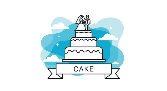 Elegant multi tiered white wedding cake with a bride and groom topper standing against a dreamy blue cloud background with stars.