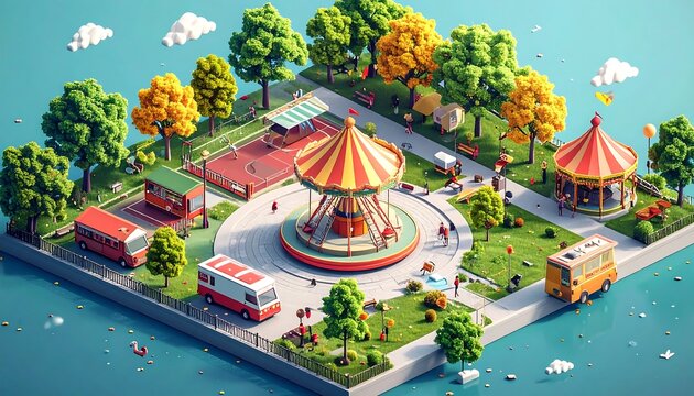 Colorful Isometric Amusement Park Featuring Carousel and Trees on Small Urban Island