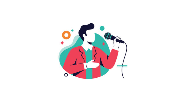 Talented male singer wearing a red jacket performing a song with a microphone in hand against a stylish abstract background.