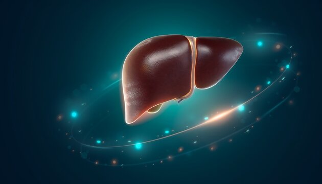 Anatomical illustration of the human liver with glowing particles symbolizing energy and health