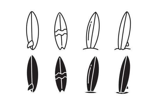 Surfboard outline and solid icons for beach sport and surfing lifestyle. Surfing board icon pack in outline and solid coastal style. Beach surfboard line and filled assets for summer tourism
