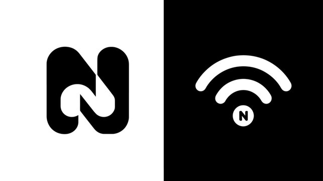 Stylized 'N' letter logo design paired with a wireless Wi-Fi internet signal icon. Modern digital network connectivity graphic.
