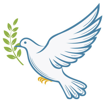 White flying dove carrying a green olive branch, a classic symbol of peace, hope, and freedom.