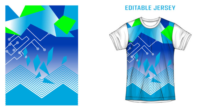 Jersey design template featuring abstract geometric shapes and electronic circuit patterns for custom sports apparel printing