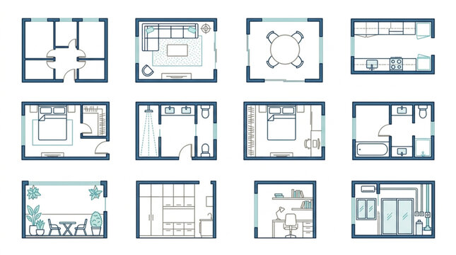 Collection of twelve different floor plan layouts for apartments and houses.