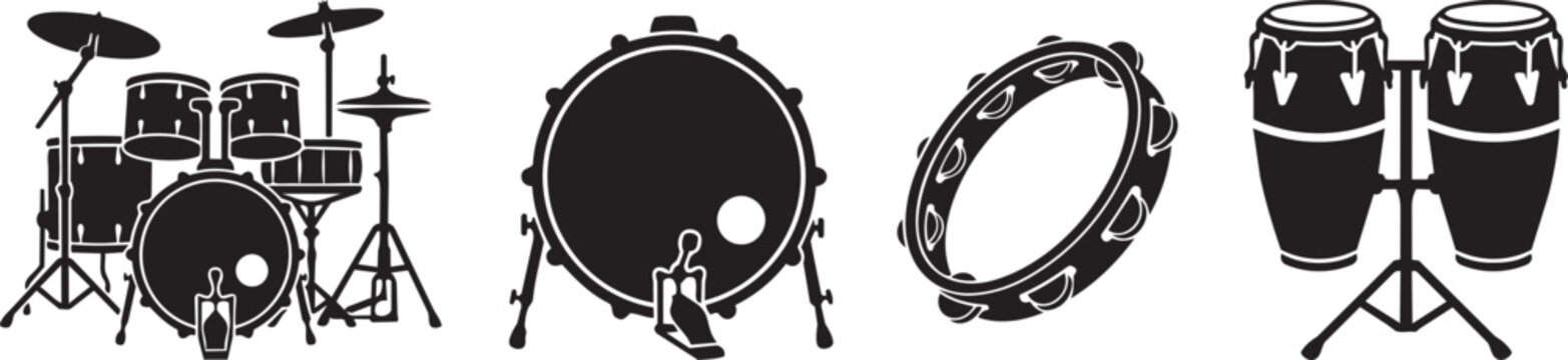 drum and percussion instrument silhouette icon set vector illustration