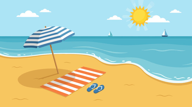 A minimalist flat design illustration capturing the essence of a tranquil Ferragosto beach vacation, featuring essential beach items under a summer sun. 
