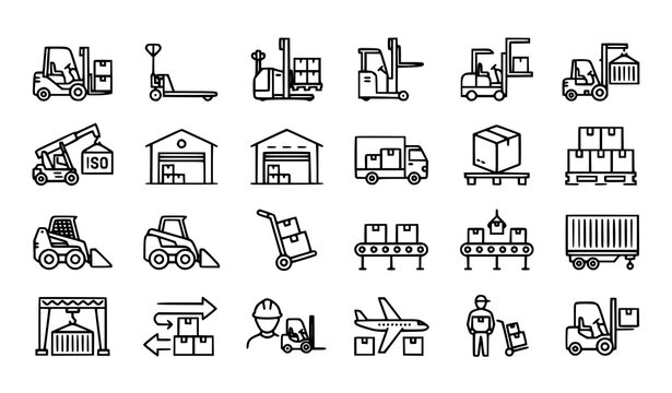 Modern Forklift Outline Icons Collection for Warehouse and Logistics Vector Design