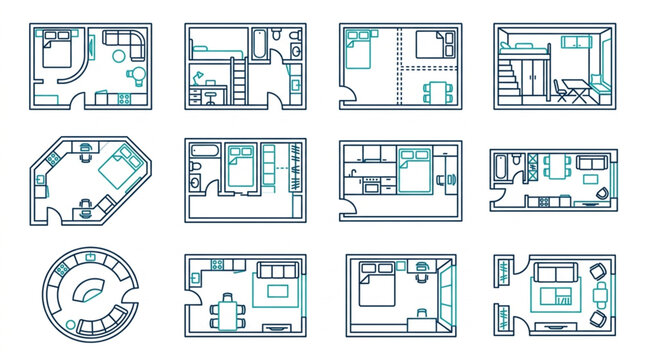 Collection of diverse architectural floor plan designs for small living spaces.