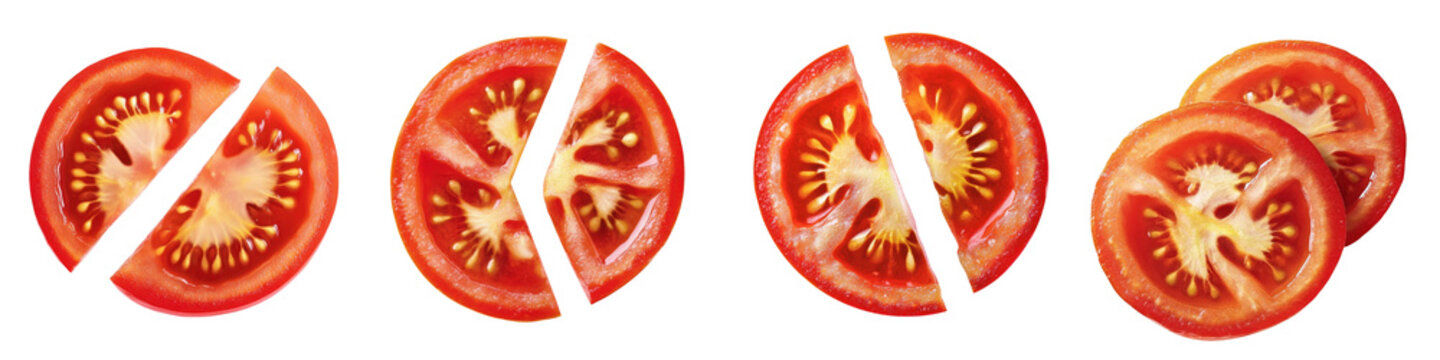 Set of Fresh Red Tomato Slices Cut in Half and Stacked Isolated on White Background - Juicy Vegetable Food Ingredient Collection for Salad Menu
