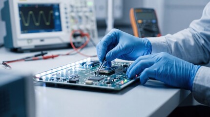 Fototapeta na wymiar Electronics repair and maintenance concept, technician hands soldering microchip on circuit board with oscilloscope in background, computer hardware troubleshooting and