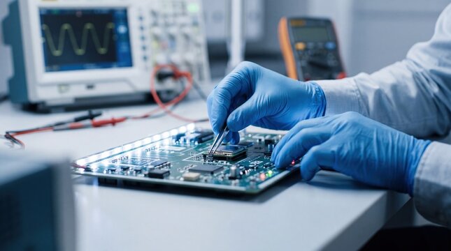 Electronics repair and maintenance concept, technician hands soldering microchip on circuit board with oscilloscope in background, computer hardware troubleshooting and