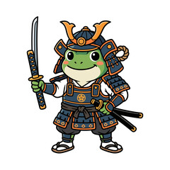 Obraz premium Cute amphibian samurai warrior in detailed armor, holding two swords, a playful and heroic character illustration, ready for an honorable quest